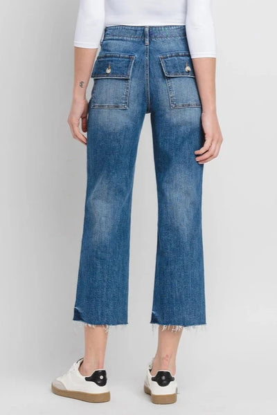 Lovervet High Rise Crop Utility Straight Jeans- Medium Wash