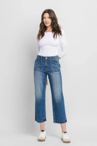 Lovervet High Rise Crop Utility Straight Jeans- Medium Wash