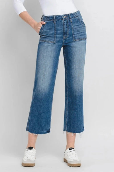 Lovervet High Rise Crop Utility Straight Jeans- Medium Wash