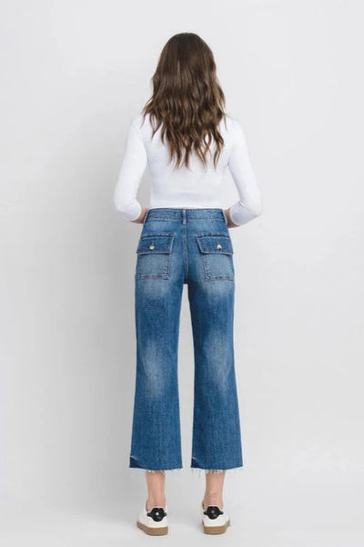 Lovervet High Rise Crop Utility Straight Jeans- Medium Wash