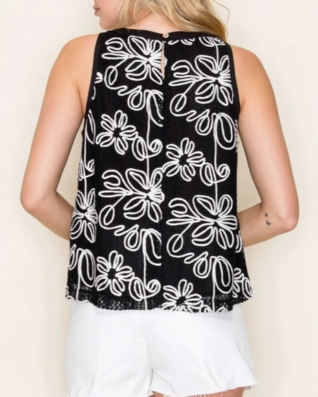 Carissa Floral Embroidered Sleeveless Top- Black and White