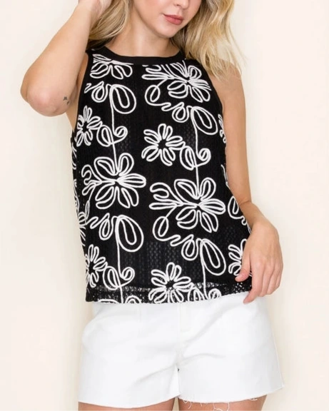 Carissa Floral Embroidered Sleeveless Top- Black and White