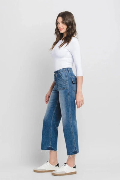 Lovervet High Rise Crop Utility Straight Jeans- Medium Wash
