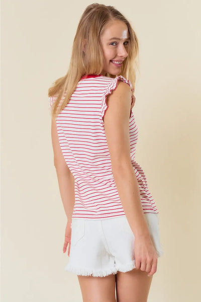 Millie Ruffle Sleeve Stripe Tank- White/Red