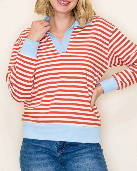 Polo Collar Pullover Top- Orange/Blue