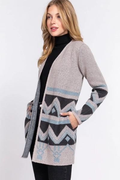 Open Front Aztec Pattern Cardigan- Taupe