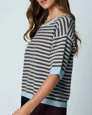 Maggie Stripe Contrast Short Sleeve Sweater- Chocolate/Blue
