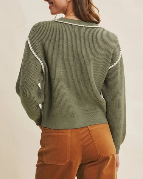 Hayden Contrast Stitch Cardigan- Matcha