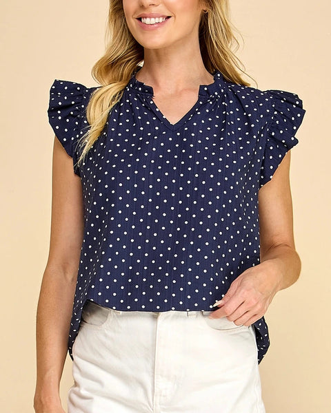 Faye Ruffle Sleeve Polka Dot Blouse- Navy