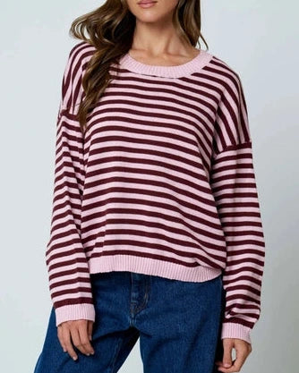 Whitney Contrast Stripe Sweater- Light Pink/Burgundy
