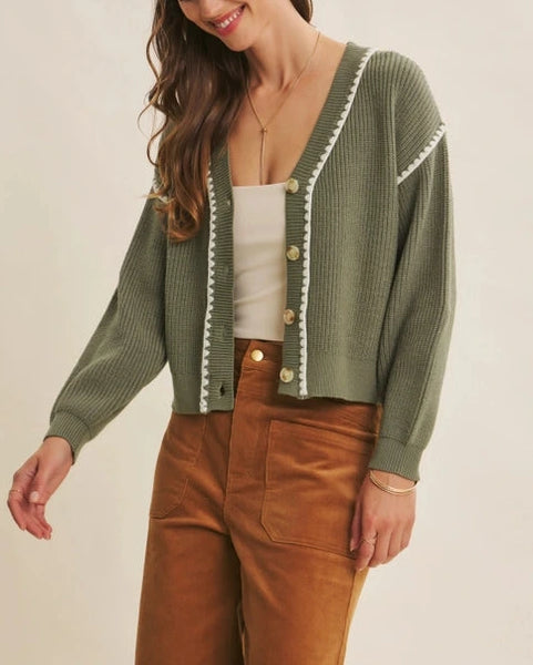 Hayden Contrast Stitch Cardigan- Matcha