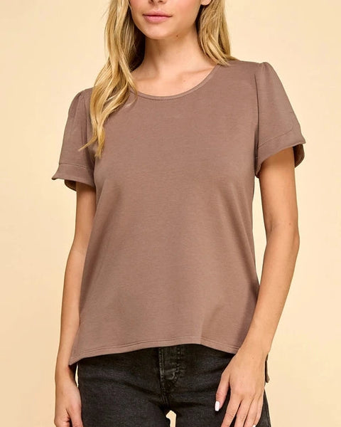 Carmen Short Sleeve Solid Top- Brown