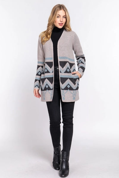 Open Front Aztec Pattern Cardigan- Taupe