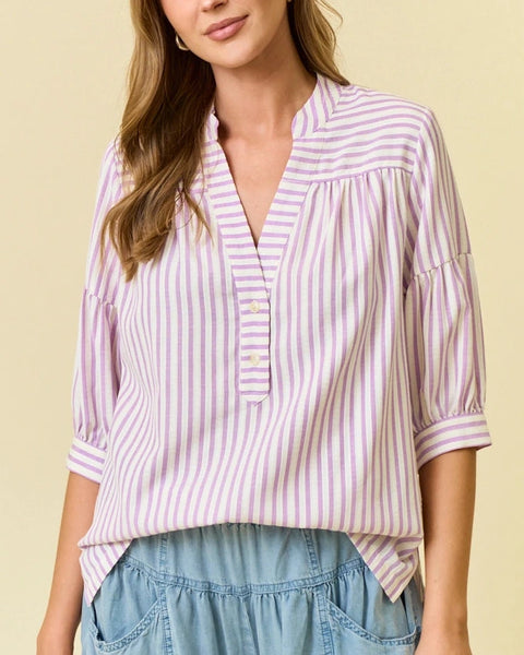 Haisley Striped Puff Sleeve Top- Lavender
