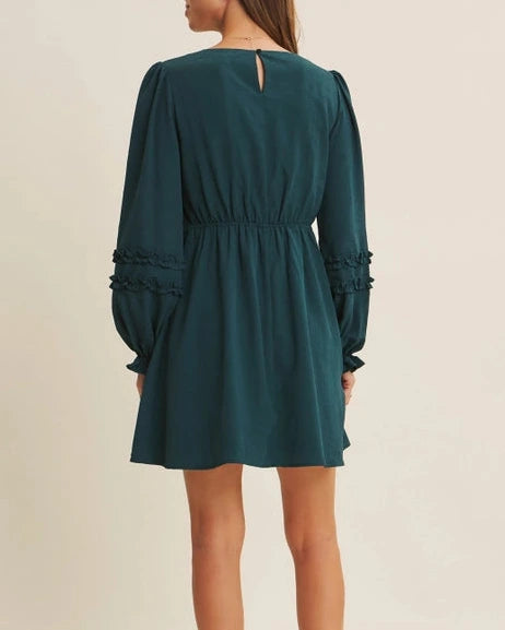 Leona Shirred Mini Dress- Deep Green