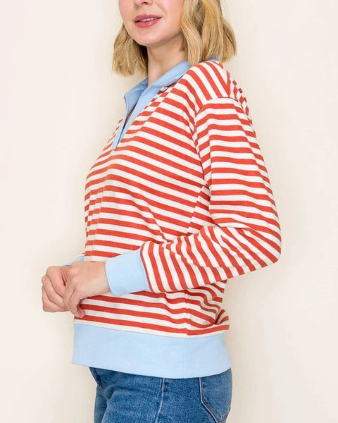 Polo Collar Pullover Top- Orange/Blue