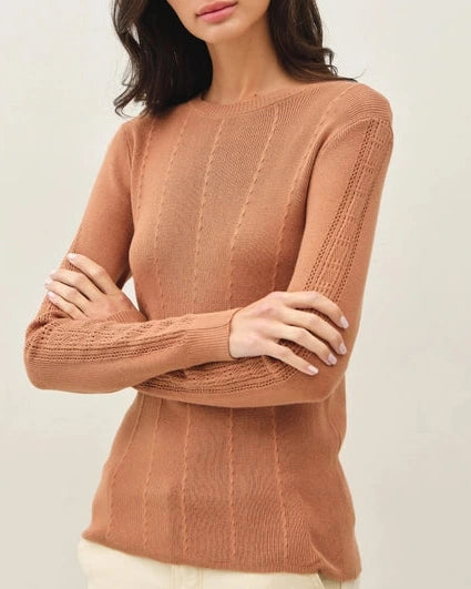 Lenora Pointelle Knit Top- Caramel