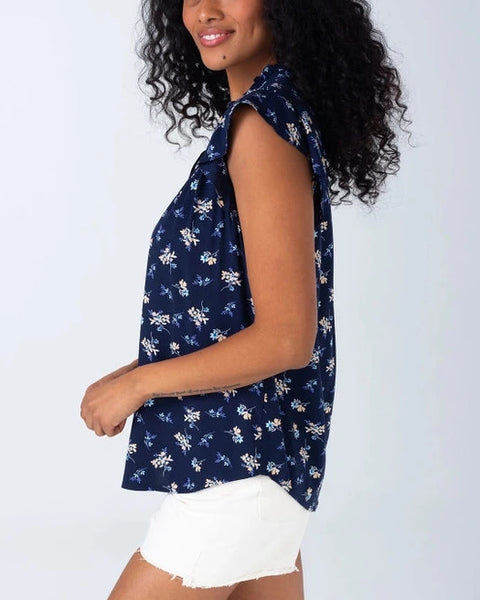 Gretchen Floral Flutter Sleeve Top- Navy