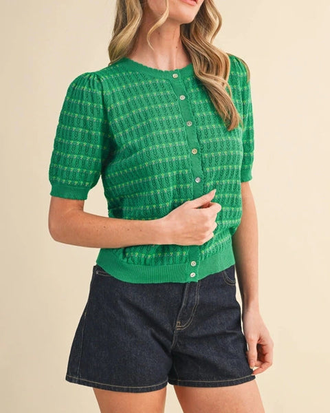 Birdie Pointelle Puff Sleeve Top- Green