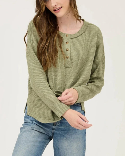 Kayla Waffle Knit Henley Top- Light Olive