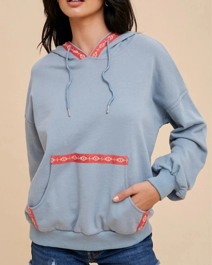 Hayden Embroidered Tape Trim Sweatshirt- Chambray