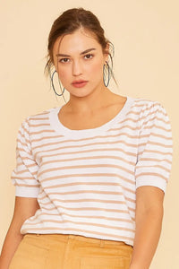 Emilia Scoop Neck Striped Top- Taupe/White