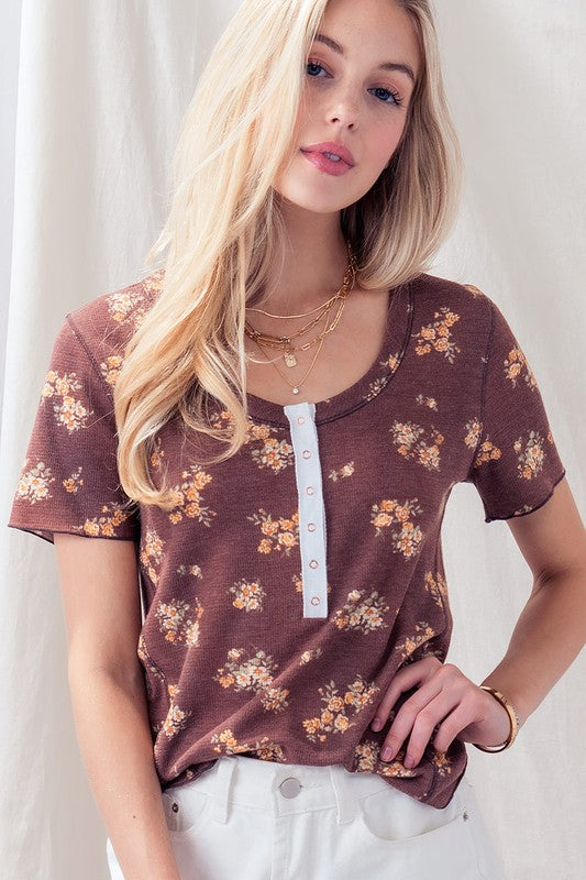 Skylar Floral Thermal Top- Brown