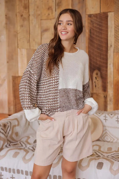 Tie Back Colorblock Sweater- Brown