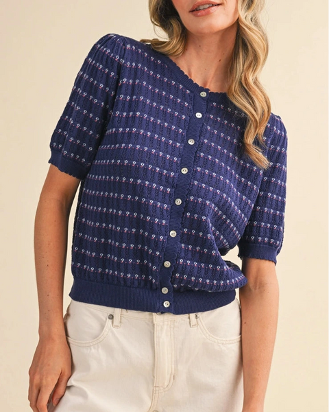 Birdie Pointelle Puff Sleeve Top- Navy Plum