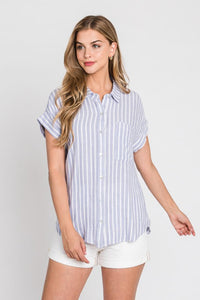 Scout Striped Linen Top- Dusty Blue