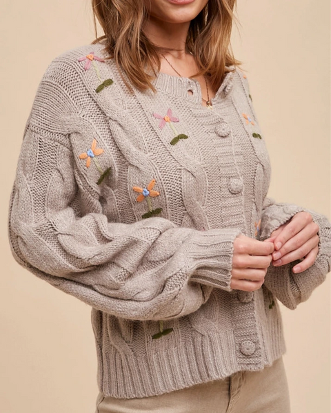 Flannery Embroidered Cardigan- Taupe