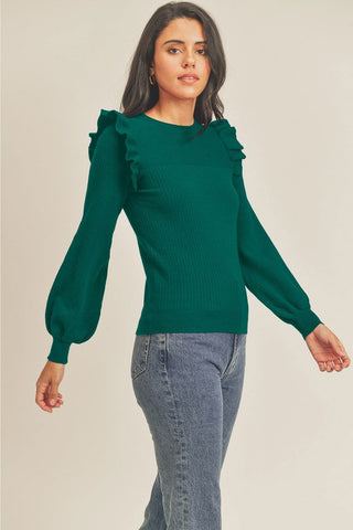 Adley Shoulder Ruffle Sweater- Alpine Green