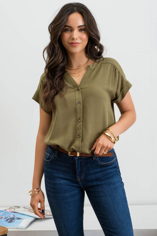 Collins Button Front Top- Olive
