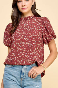 Etta Puff Sleeve Floral Top- Rust