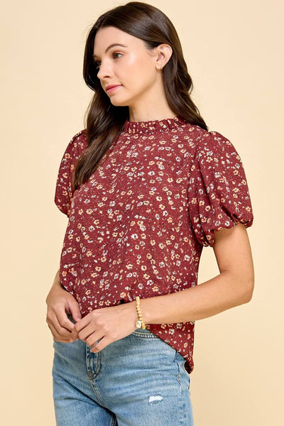 Etta Puff Sleeve Floral Top- Rust