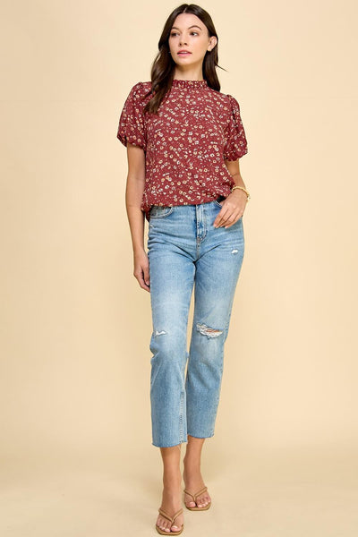 Etta Puff Sleeve Floral Top- Rust