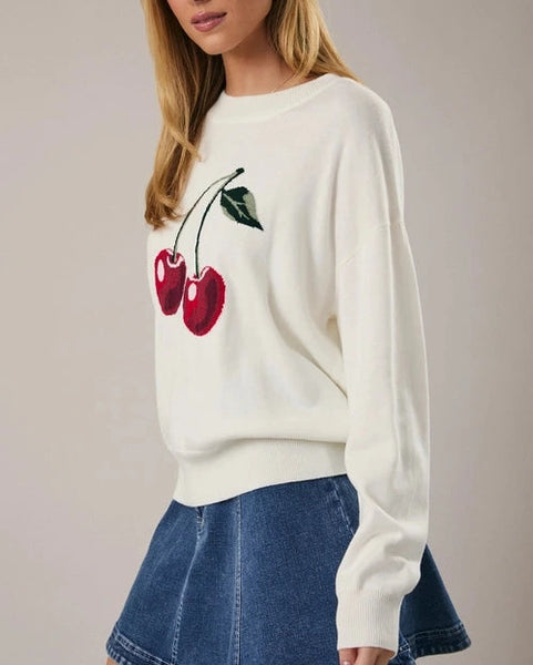 Blair Lightweight Cherry Graphic Sweater- White