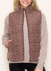 Poppy Floral Puffer Vest- Chocolate