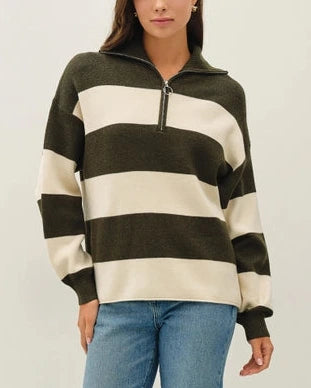 Logan Striped Half Zip Sweater Top- Hunter Green