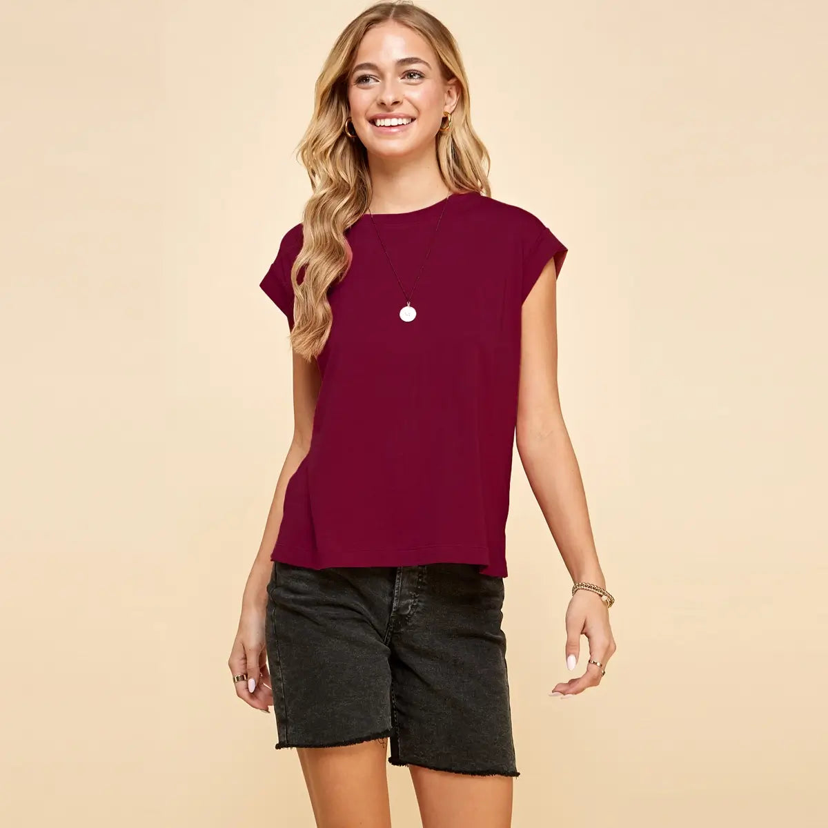 Abilene Short Sleeve Basic Top- Burgundy