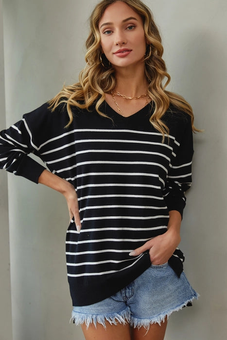 Kaitlyn Oversized Striped Sweater- Black/Ivory