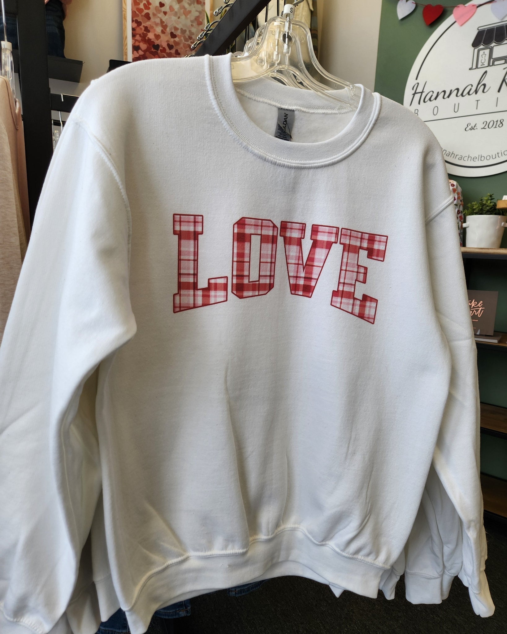 Plaid "LOVE" Graphic Sweatshirt- White