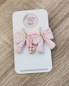 Pink Plaid and Pearl Bow Earrings