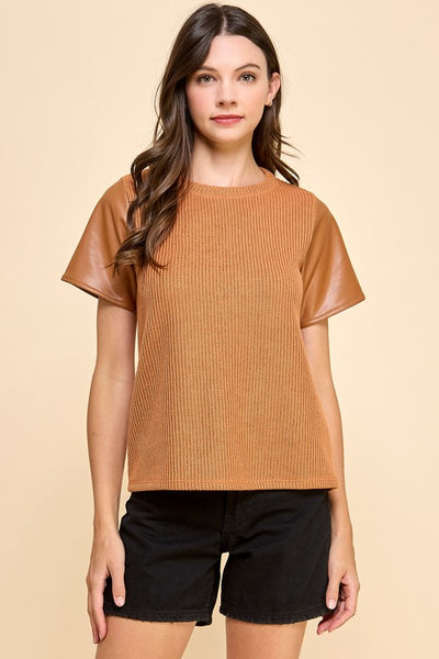 Maren Leather Contrast Top- Camel