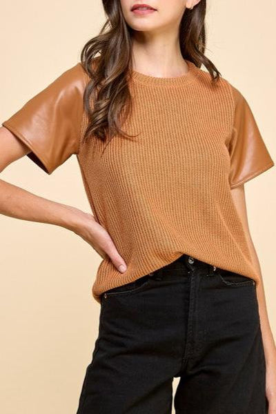 Maren Leather Contrast Top- Camel