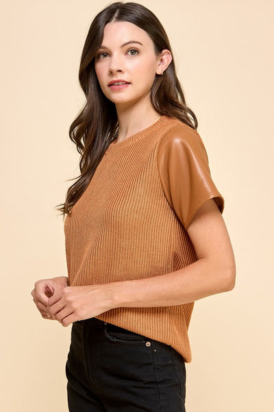 Maren Leather Contrast Top- Camel