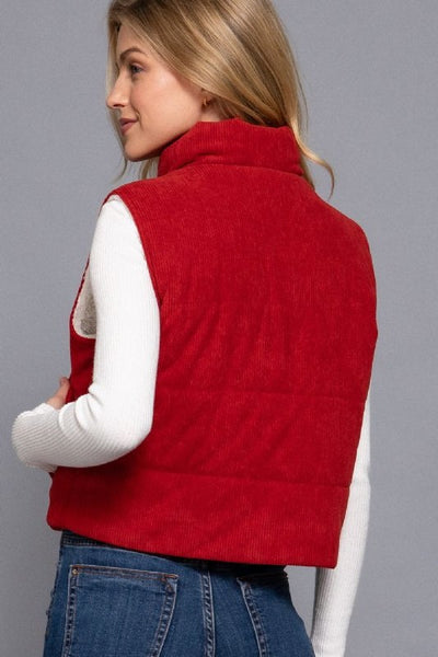 Corduroy Puffer Vest- Chili Red