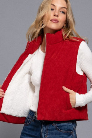 Corduroy Puffer Vest- Chili Red