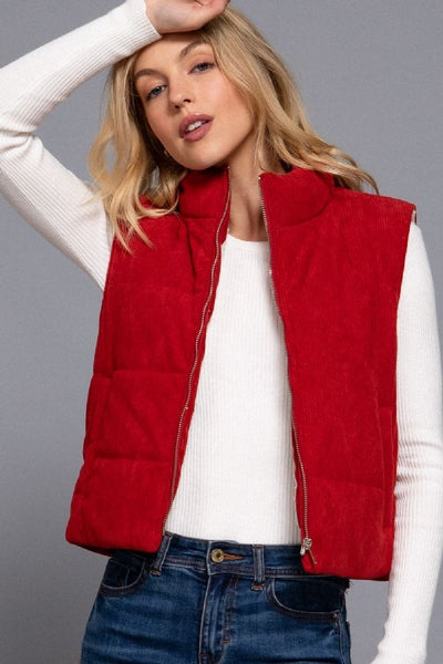 Corduroy Puffer Vest- Chili Red