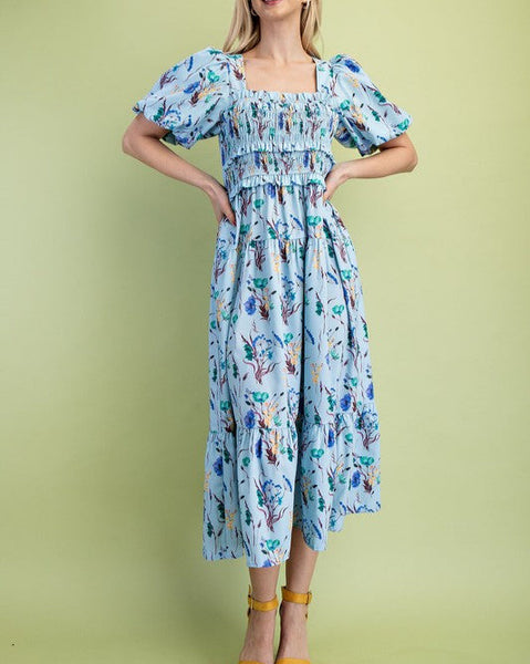 Gracelyn Floral Puff Sleeve Midi Dress- Blue